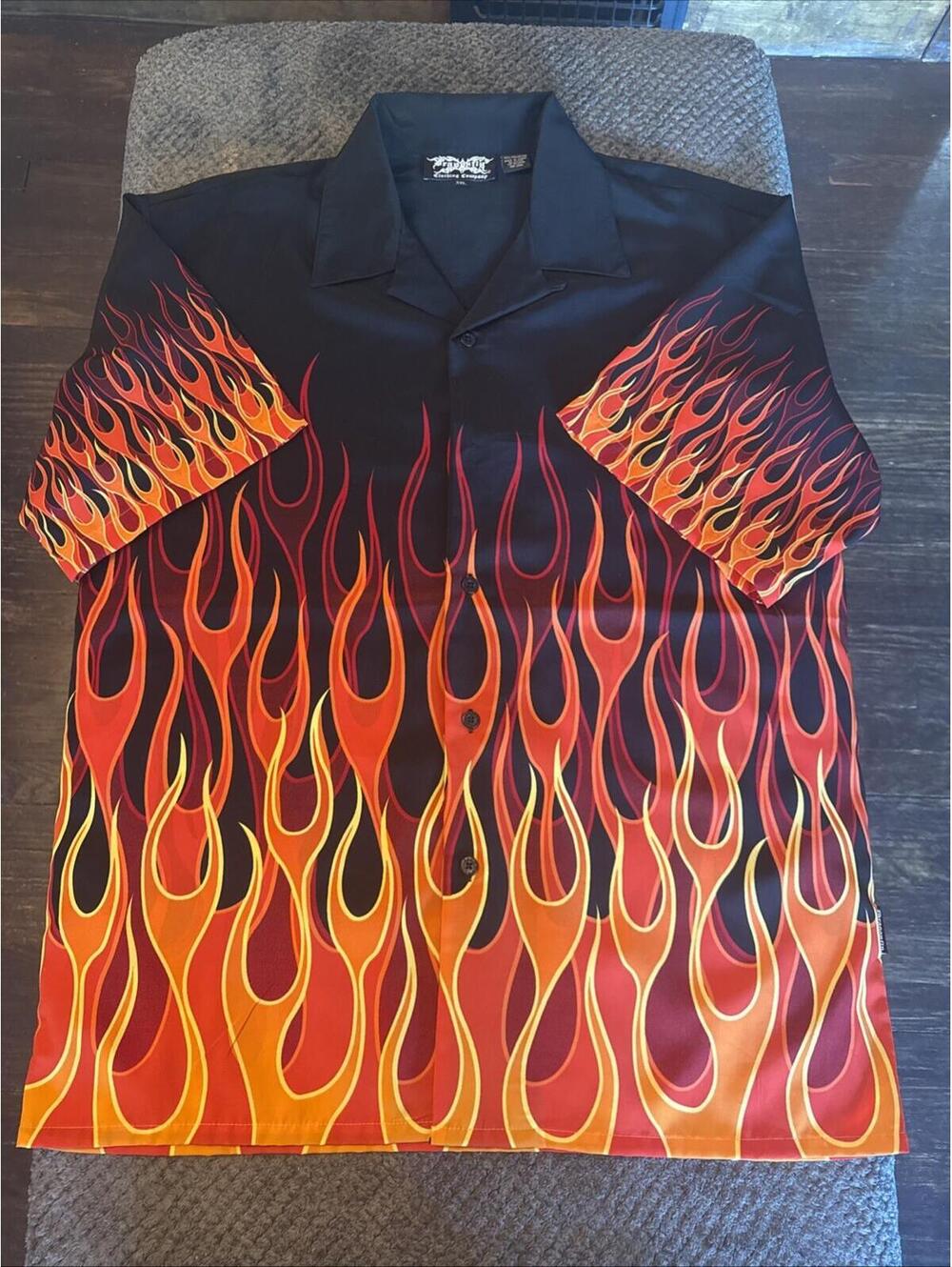 Dragonfly Men`s Red Flame Botton Up Short Sleeve Collared Shirt Men’s XXL EUC
